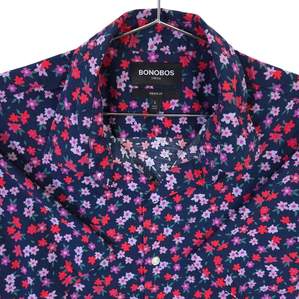 Bonobos Shirt Mens L Navy Multi Floral Riviera Athletic Fit Stretch Short Sleeve